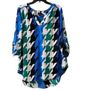 Worthington Woman Houndstooth Spring Tunic Split Neck 3/4 Sleeve High Low Hem 1X